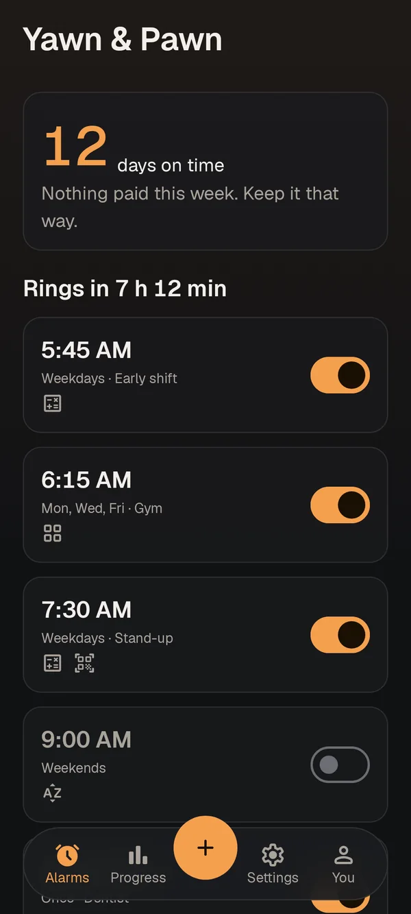 Home screen with alarms and a streak